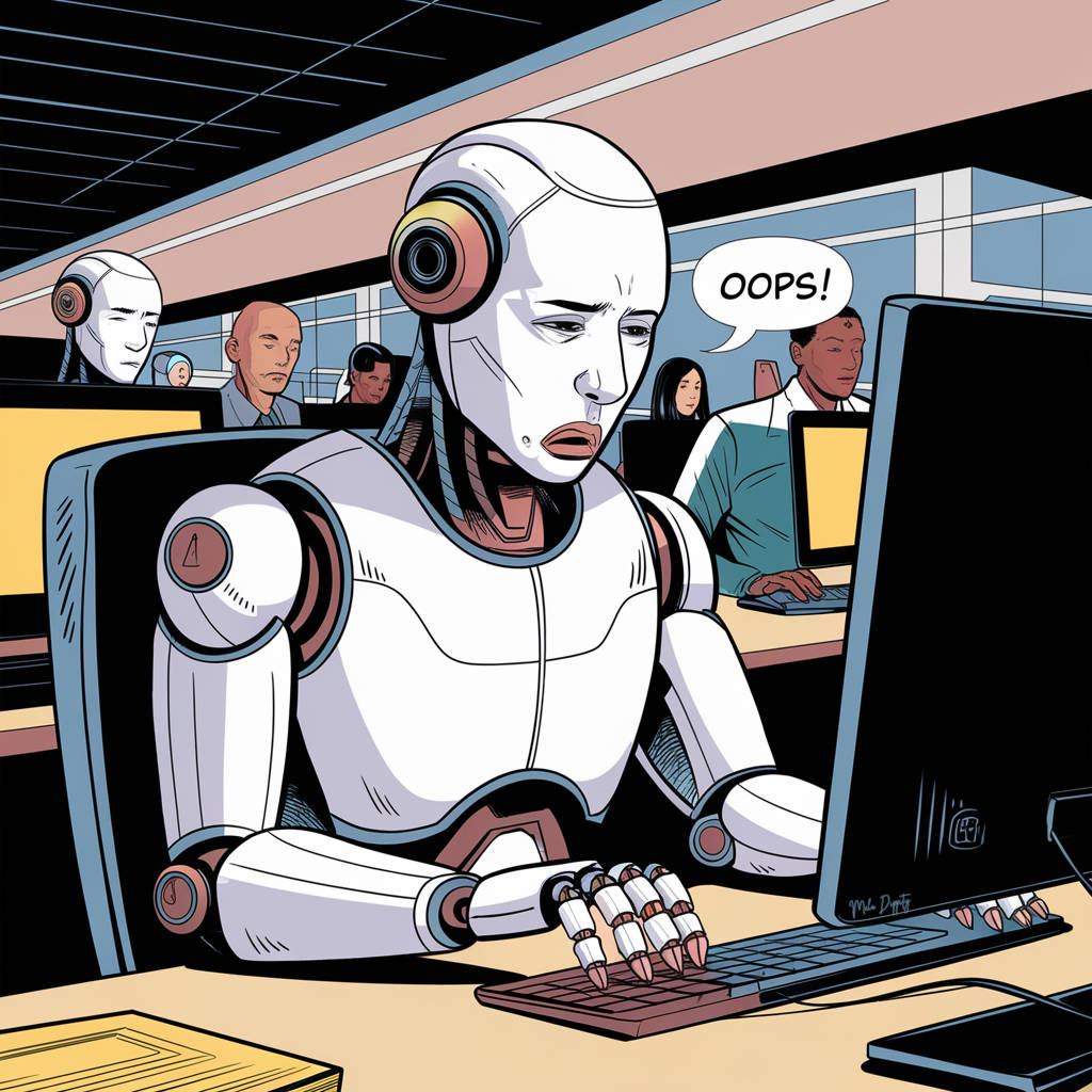 An illustration of a robot typing at a computer while saying oops.