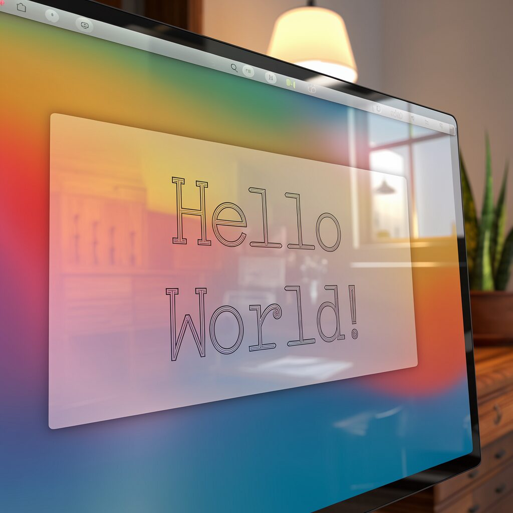 Hello World on a colorful computer screen.